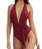 Cupshe  Plunge V Neck Tie Strap Bathing Swimsuit Red Berry Medium