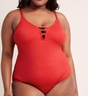 NEW NWT LA BLANCA Plus Size Splash One Piece Swimsuit Red Plunge Swimwear 16W