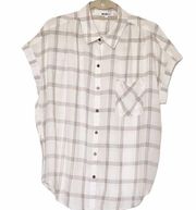William Rast Women’s White Brown Window Pane Short Sleeve Shirt Button Top Large