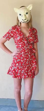 Red Floral Wrap Around Dress 