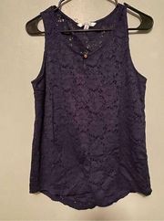 Ellen Tracy Co Women’s Tank Top Blouse Navy Lace Sleeveless Gold Button M