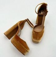 Runway Gold Mustard Velvet Platform Ankle Strap Block Heel Shoes