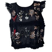 Karina Grimaldi black silk crop embroidered floral blouse sz S