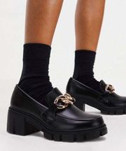 Chunky Heel Black Loafers With Chain