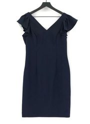 NWT DONNA KARAN Ruffle Cap Sleeve V Neck Sheath Dress Navy 8