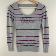 Vintage Y2K Vibes Grey Purple Glitter Stripe Bling Graphic Fitted Sweater