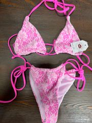 Pink With White Lace String Bikini Set 