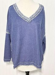 White Birch Women's Brushed Oversize V Neck Long Sleeve T-Shirt Blue Size Small