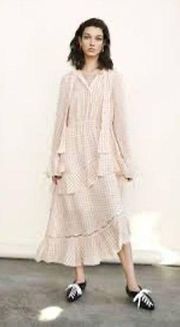 DEREK LAM 10 Crosby Cream Red Tiered Windowpane Asymmetrical Ruffle Dress Size 8