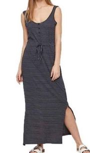 New  Striped Knit Henley Daina Dress Sleeveless Tie Waist Maxi Navy