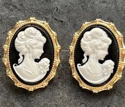 18k Gold Plated Classic Black & White Cameo Earrings