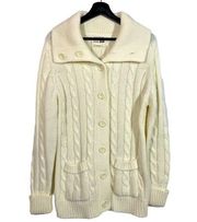 Vintage Sears Cardigan Sweater Off White Cable Knit Medium Collar Buttons 70s