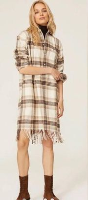 Ralph Lauren Plaid Fringe Hem Midi Shirt Dress Beige Neutrals Western sz 10