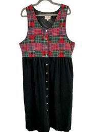 Vintage Susan Bristol Black Corduroy Plaid Patchwork Button Front Dress Size 14