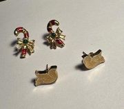 2 Avon Christmas Holiday Pierced Stud Enamel Earrings Candy Cane / Dove