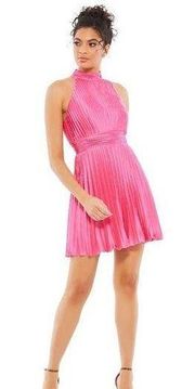 MAC DUGGAL Pleated Halter Neck Mini Dress in Hot Pink Size US 0 NWT