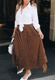 ZARA  Brown Polka Dot Pleated Midi Skirt