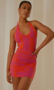  Knit Halter Dress - Orange and Pink Geo