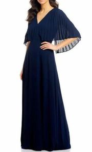 Halston Heritage Dark Navy Pleated Cape Sleeve Georgette Gown Size 10 US $189