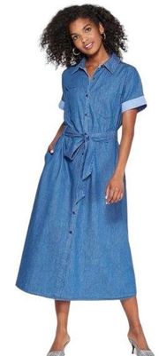 Who What Wear Womens Short Sleeve Button Front Chambray Denim Midi Dress Size XS