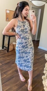 Dusty Blue & Tan Floral Midi Halter Dress