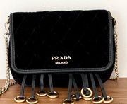 Prada Milano Gold Chain Straps Quilted Velvet Crossbody Bag Women's Black