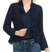 Vince Camuto Ruffle Trim Metallic Tweed Jacket Blazer Navy Black Size 6