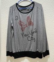 Disney  store I love Nee York city long sleeve gray studded Minnie bow top 2XL