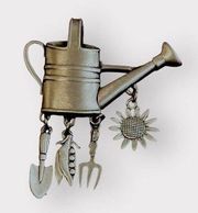 JJ Pewter Watering Can Vintage Brooch Pin