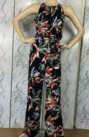 "TAHARI" BLACK FLORAL  SLEEVELESS BELTED PALAZZO JUMPSUIT SIZE: XS NWT $138