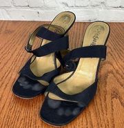 Yves Saint Laurent Vintage Strappy Heels Open Toe Navy w/gold wedge heel Sz 9M