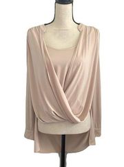 BCBGMaxAzria Light Pink Long Sleeve Collared Hi Low Wrap Front Blouse sz Medium