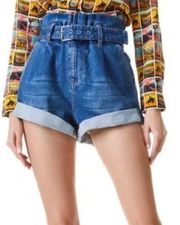 Alice + Olivia Rosemary Belted Denim Shorts Paperbag Blue Wash Women’s Size 32