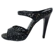 Bottega Veneta black patent lasercut lace strappy high heel sandals size 37.5