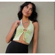 Elodie Womens Tank Top Green Sleeveless Halter Tie O Ring Ruched Crop S New