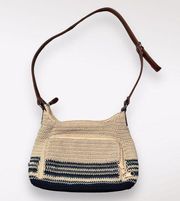 Vintage  Handbag Purse Knit Woven Beige Blue