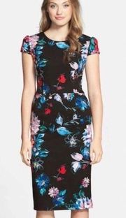 Betsey Johnson Floral Print Knit Stretch Midi Cap Sleeve Sheath Dress Sz 4