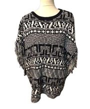 Gianni Bini Black and white Aztec oversized poncho style sweater with fringe siz