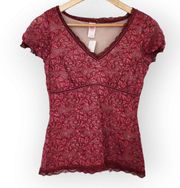 Y2K Tapemeasure Dark Pink Lace Cami Short Sleeve V Neck Shirt XS