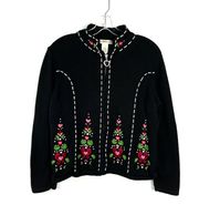 Vintage 90s  Black Knit Full Zip Floral Embroidered Heart Zip Cardigan Med