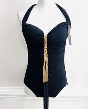 CARMEN MARC VALVO *New* Black Ruched Gold Tassel Halter Style Swim Suit ~ Size 6