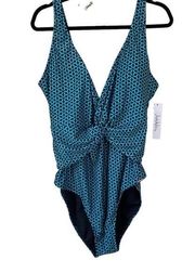 Nicole Miller swimsuit 3x‎ NEW Greece tile plunge knit bathing suit green black