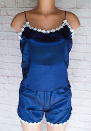 Navy Blue, Flower Trim, Satin, Pajama Set