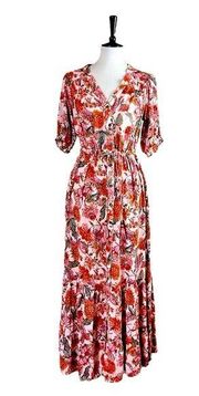 Knox Rose Boho Maxi Dress V-neck Tie Waist Pink Multi Floral Women’s Size Medium