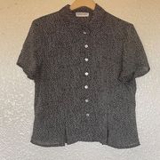 Amanda Smith Womens Large VTG Button Down Knit Blouse Black White Dots