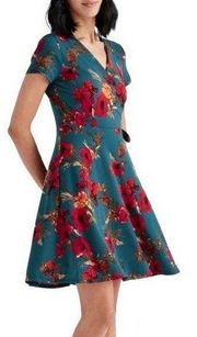 Kaileigh Dress Arnett Teal Blue Red Floral Knit Short Sleeve Faux Wrap Small NEW