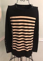 J. Mclaughlin XS Black Tan Striped Boat Neck Button Sleeve Sweater Top