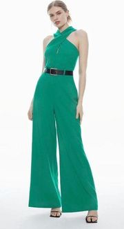 Karen Millen Structured Crepe Halter Neck Belted Wide Leg Jumpsuit