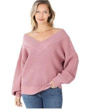 Womens Zenana Blush Oversized Crocheted Wide-neck Sweater - Sz S