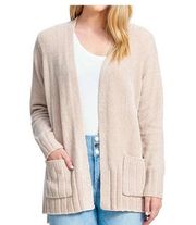 Seven7 Chenille Cardigan MEDIUM Ribbed Knit Open Front Oversized Beige Chic